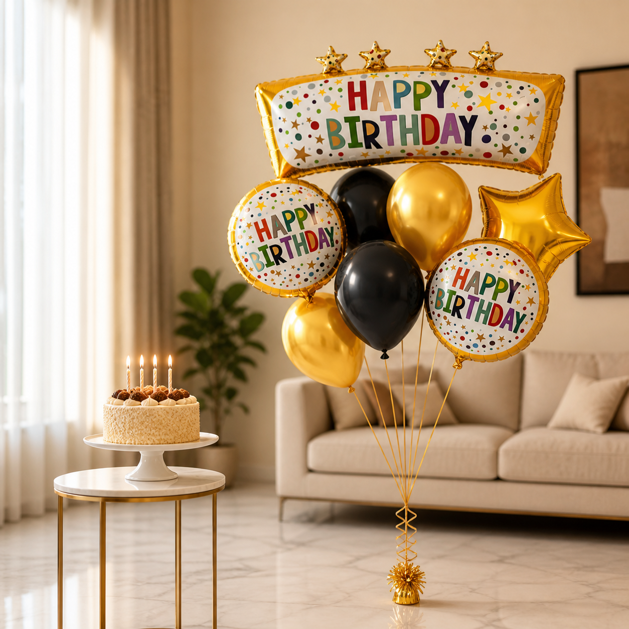 Happy Birthday Golden & Black Balloon Bouquet Set (8 Pcs) Helium Filled & Delivered Inflated