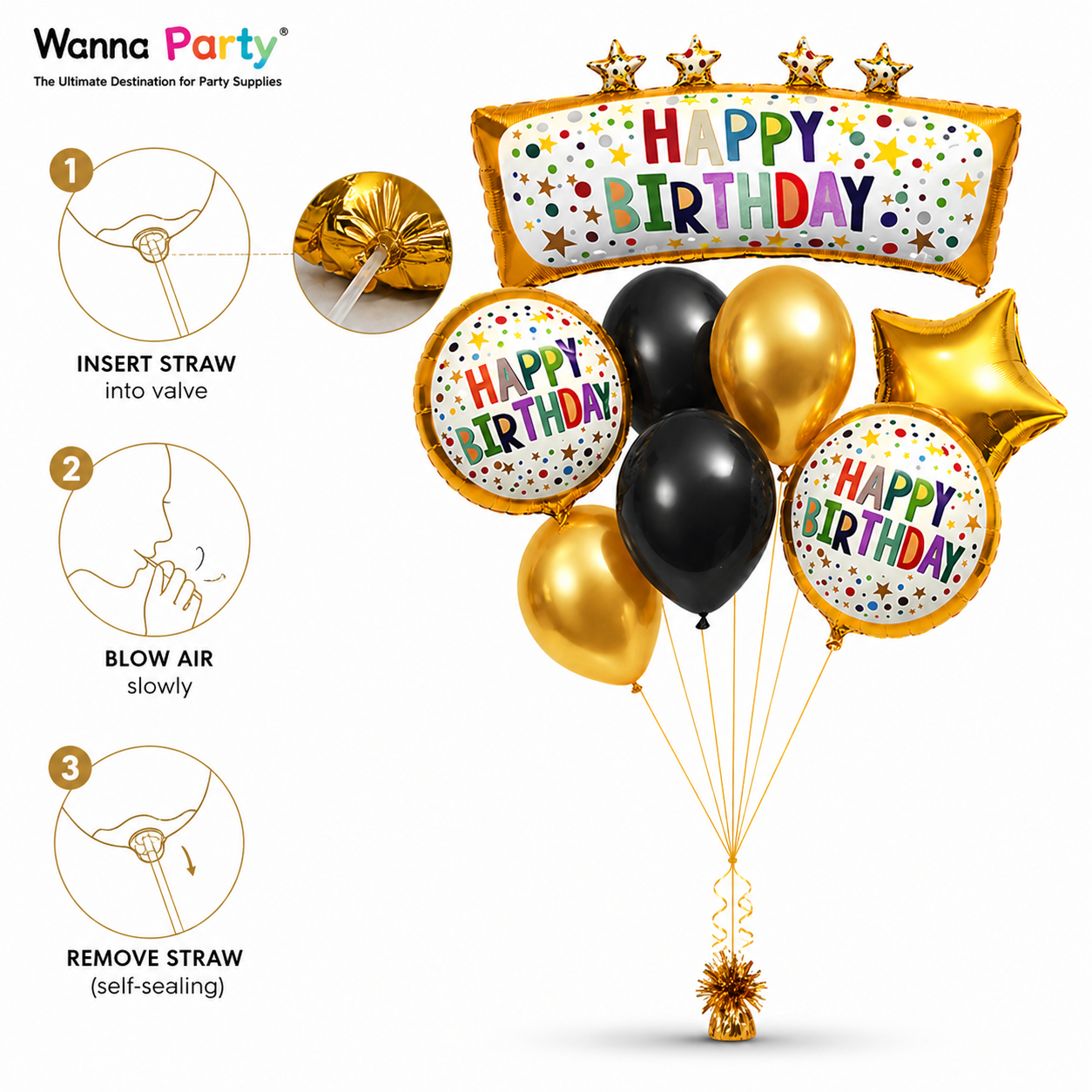 Happy Birthday Golden & Black Balloon Bouquet Set (8 Pcs) Helium Filled & Delivered Inflated