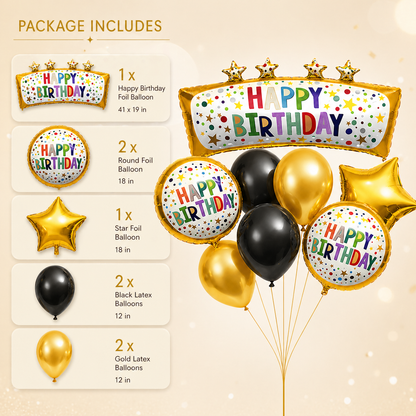 Happy Birthday Golden & Black Balloon Bouquet Set (8 Pcs) Helium Filled & Delivered Inflated