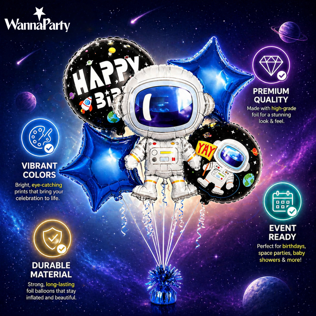 Space Theme Helium Filled Balloon Bouquet Set of 5PC with Astronaut & Stars