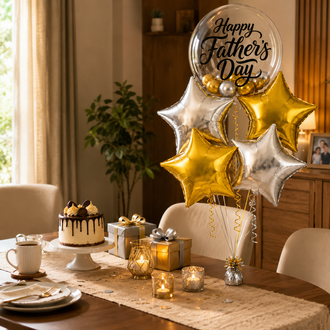 Happy Father's Day Transparent Foil Balloon Set with Golden and Silver Star Shaped Balloons - 5PC | Helium Filled & Delivers Inflated