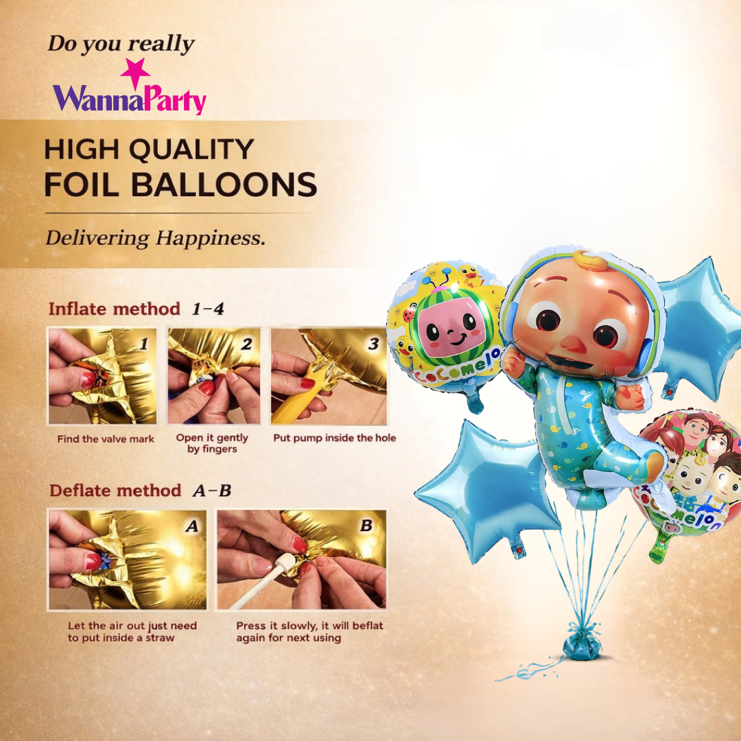 Coco Melon Kids Musical Cartoon Theme Helium Filled Balloon Set of 5 | Birthday Party Decoration Balloons for Kids