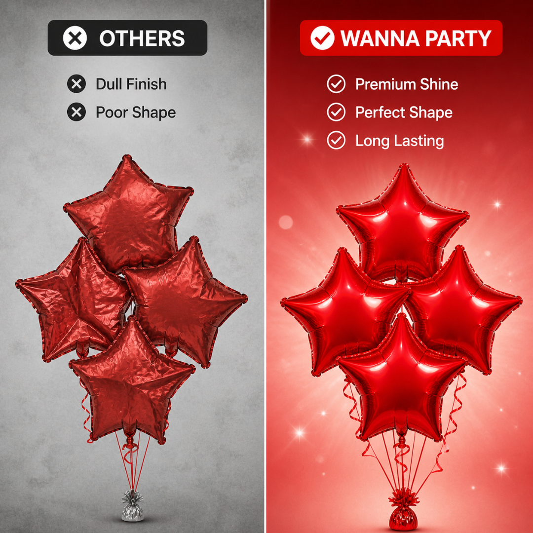 Red Star Shape Foil Balloons (18 Inch, Pack of 4) Helium Filled & Delivered Inflated