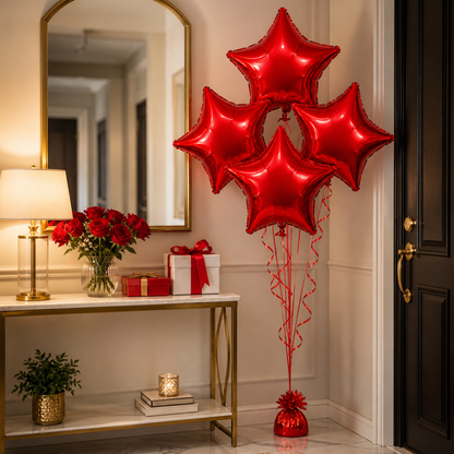 Red Star Shape Foil Balloons (18 Inch, Pack of 4) Helium Filled & Delivered Inflated