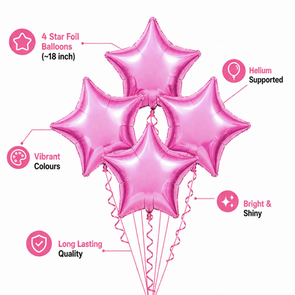 Pink Star Shaped Foil Balloon Combo Pack - Helium Quality - 18 inches - 4PC