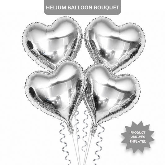 Silver Heart Shape Foil Balloons (18 Inch, Pack of 4) Helium Filled & Delivered Inflated