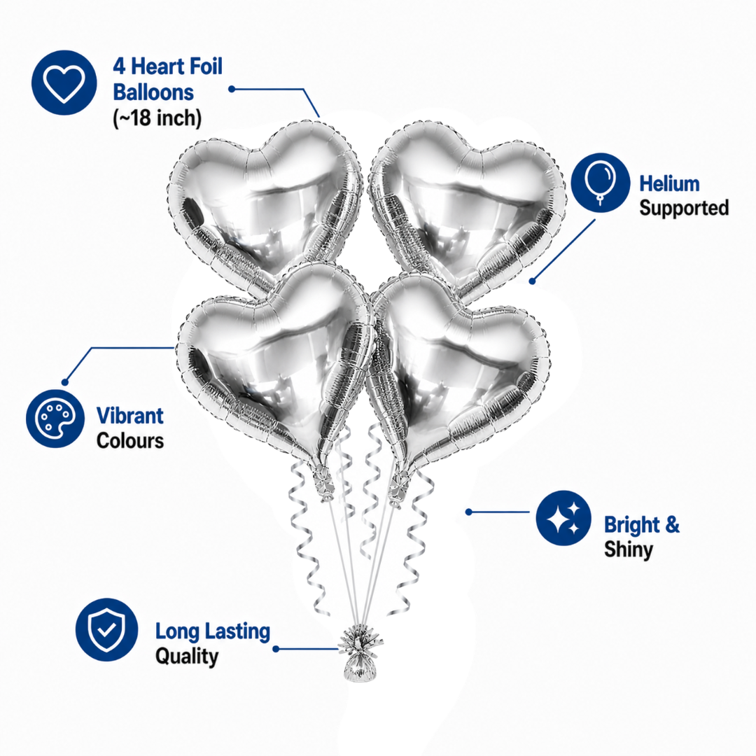Silver Heart Shape Foil Balloons (18 Inch, Pack of 4) Helium Filled & Delivered Inflated