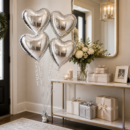 Silver Heart Shape Foil Balloons (18 Inch, Pack of 4) Helium Filled & Delivered Inflated
