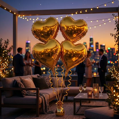 Golden Heart Shape Foil Balloons (18 Inch, Pack of 4) Helium Filled & Delivered Inflated