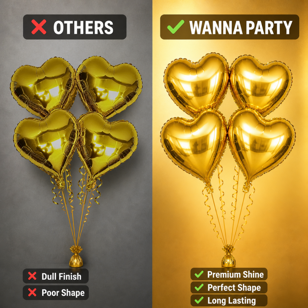 Golden Heart Shape Foil Balloons (18 Inch, Pack of 4) Helium Filled & Delivered Inflated