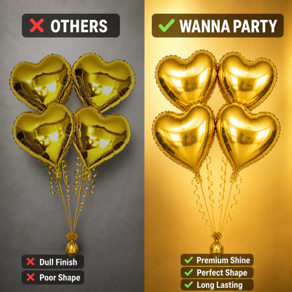Golden Heart Shape Foil Balloons (18 Inch, Pack of 4) Helium Filled & Delivered Inflated