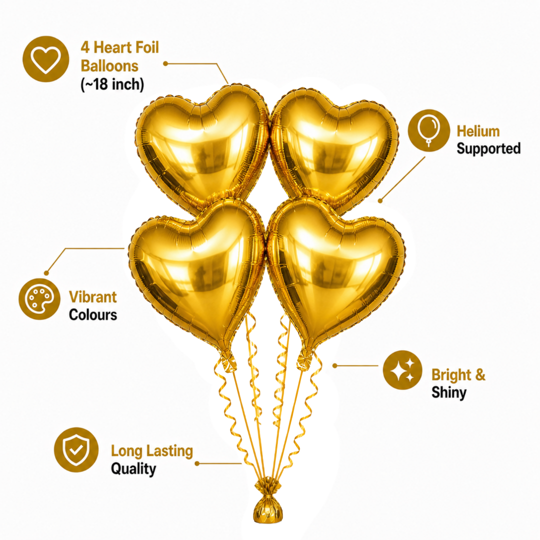 Golden Heart Shape Foil Balloons (18 Inch, Pack of 4) Helium Filled & Delivered Inflated