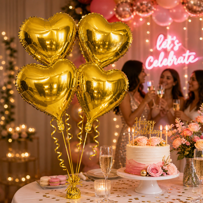 Golden Heart Shape Foil Balloons (18 Inch, Pack of 4) Helium Filled & Delivered Inflated