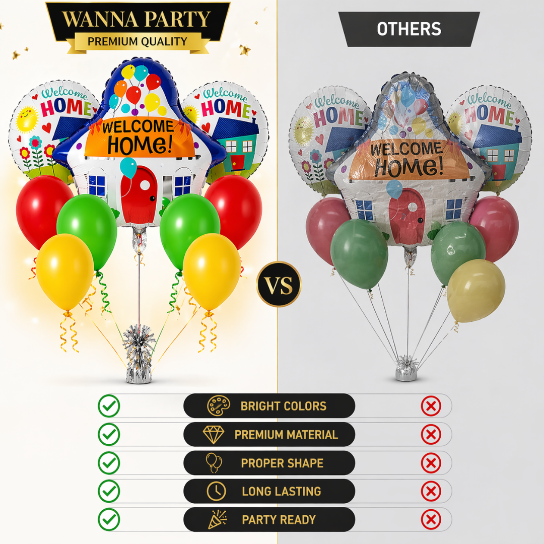 Welcome Home Balloon Decoration Set of 9 | House Shape Foil Balloon with Welcome Home Printed Balloons & Latex Balloons