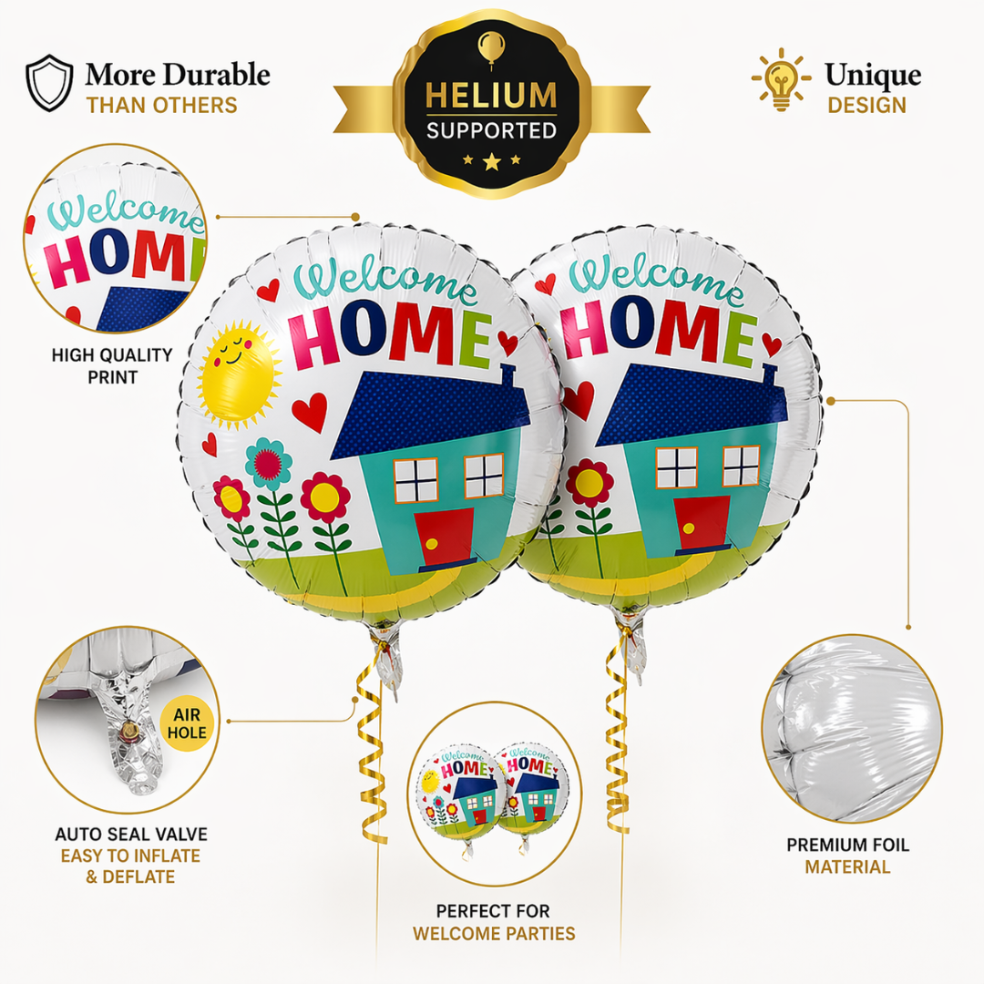 Welcome Home Balloon Decoration Set of 9 | House Shape Foil Balloon with Welcome Home Printed Balloons & Latex Balloons