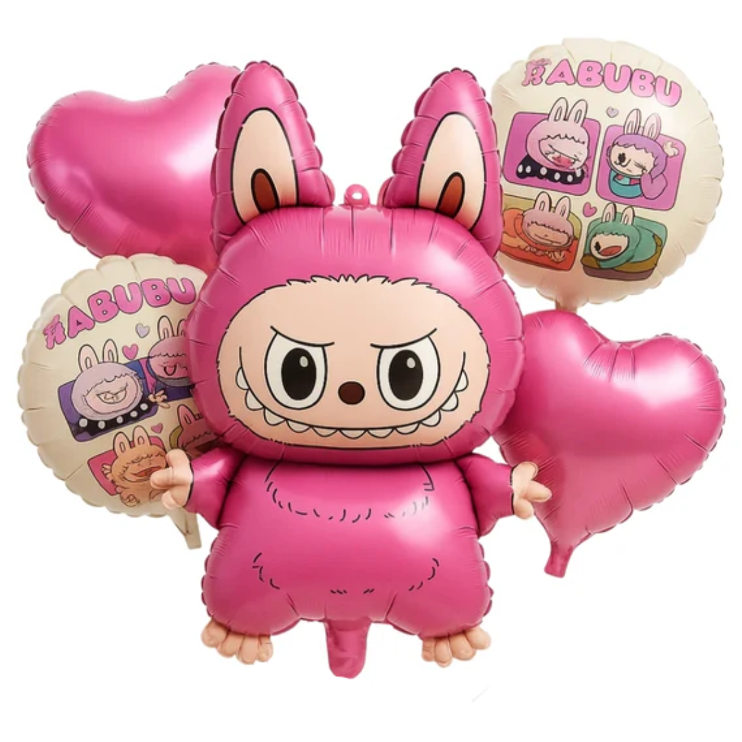 Cute Kind Labubu Monster Theme Helium Balloon Set of 5 (Monster Supershape + 2 Pink Heart + Printed Balloons) | Pre-Inflated & Delivered | Kids Birthday Decoration