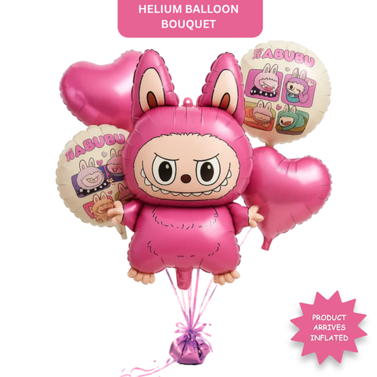 Cute Kind Labubu Monster Theme Helium Balloon Set of 5 (Monster Supershape + 2 Pink Heart + Printed Balloons) | Pre-Inflated & Delivered | Kids Birthday Decoration