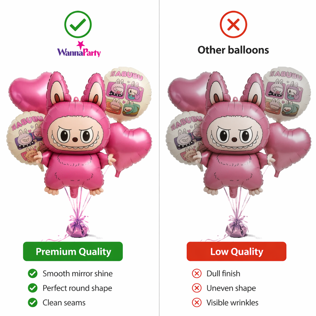 Cute Kind Labubu Monster Theme Helium Balloon Set of 5 (Monster Supershape + 2 Pink Heart + Printed Balloons) | Pre-Inflated & Delivered | Kids Birthday Decoration