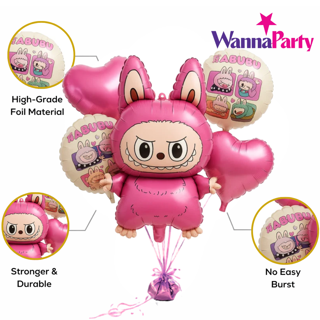 Cute Kind Labubu Monster Theme Helium Balloon Set of 5 (Monster Supershape + 2 Pink Heart + Printed Balloons) | Pre-Inflated & Delivered | Kids Birthday Decoration