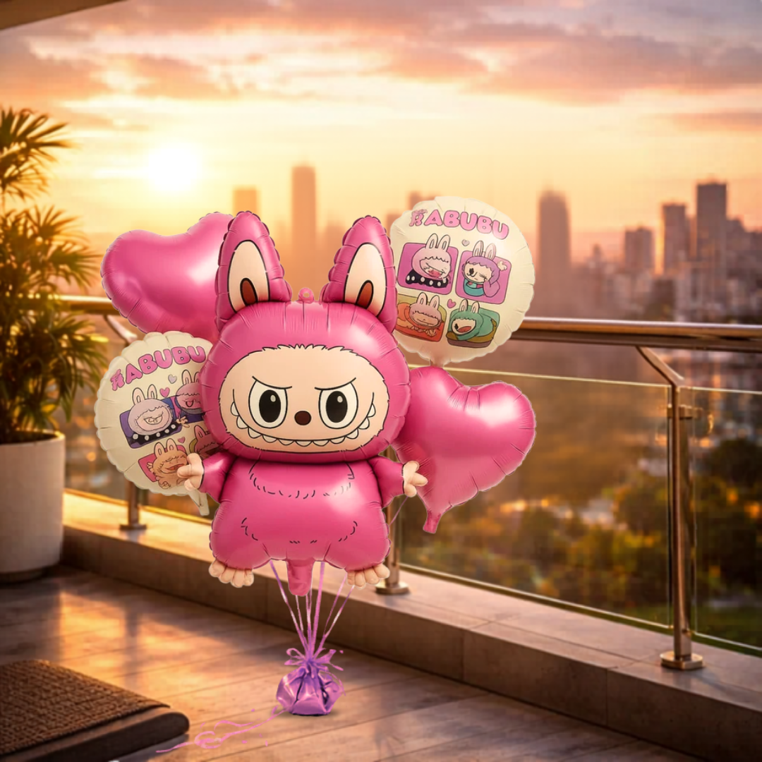 Cute Kind Labubu Monster Theme Helium Balloon Set of 5 (Monster Supershape + 2 Pink Heart + Printed Balloons) | Pre-Inflated & Delivered | Kids Birthday Decoration
