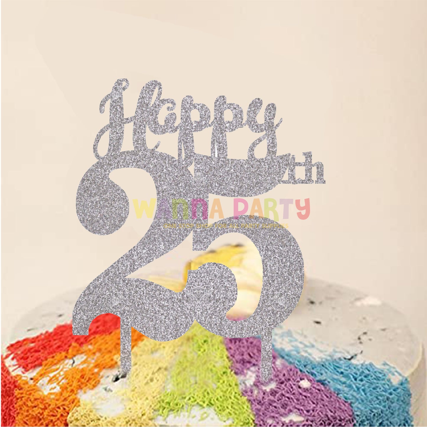 Happy 25th Acrylic Silver Glitter Cake Topper