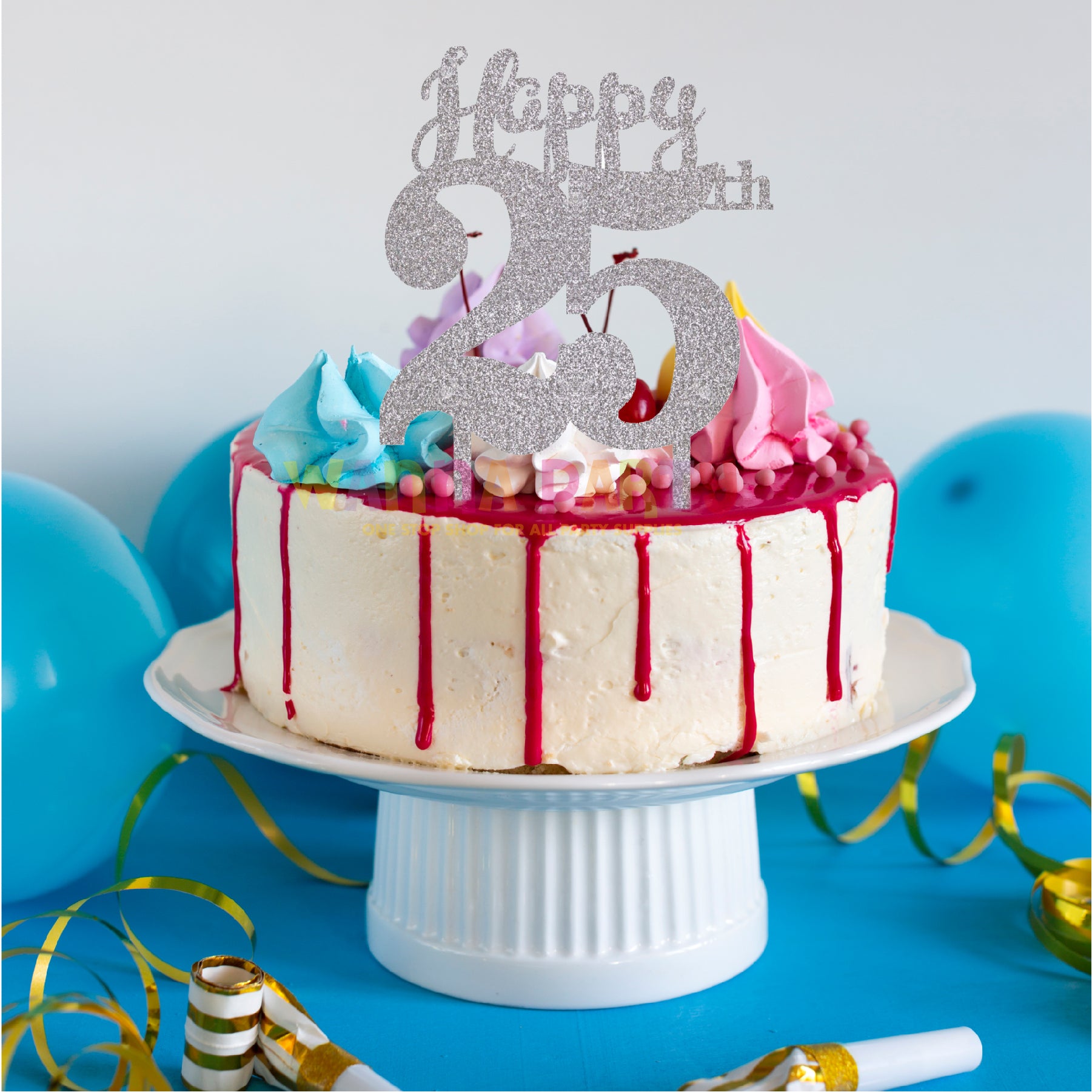 Happy 25th Acrylic Silver Glitter Cake Topper