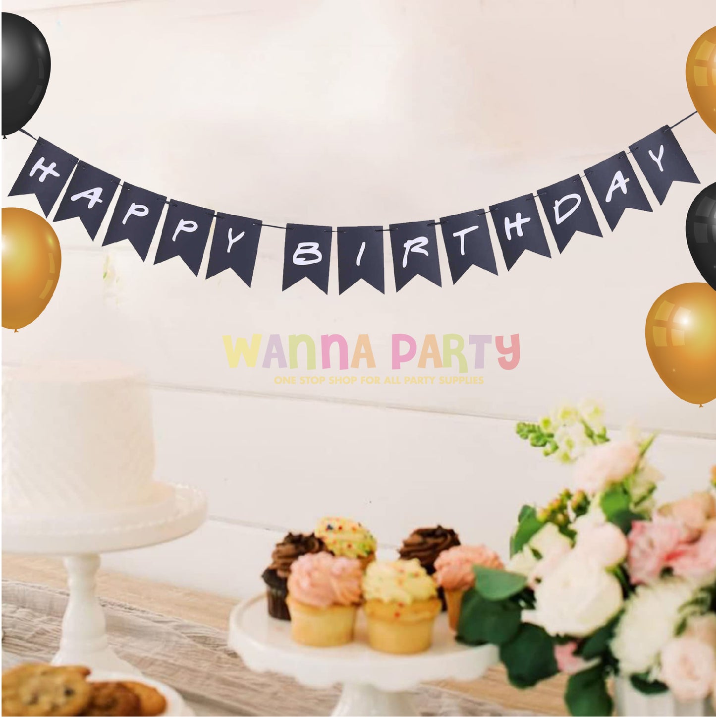 Happy Birthday Black & White Bunting Banner