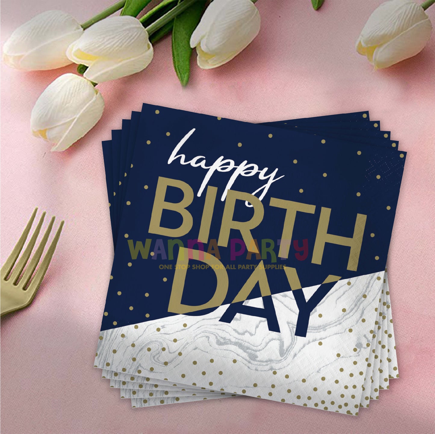 Happy Birthday Navy Blue & Gold Paper Napkins - 16PC