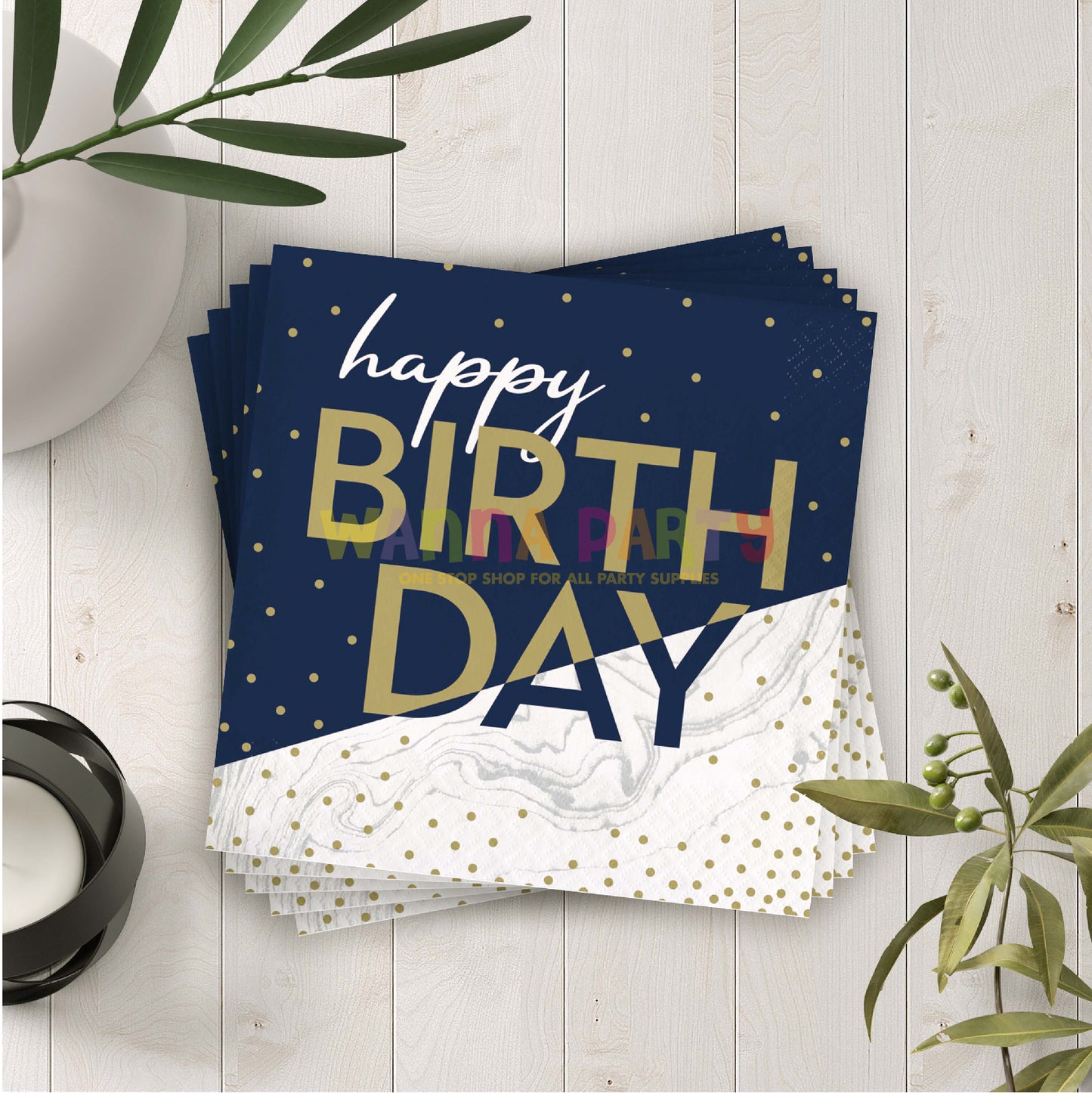 Happy Birthday Navy Blue & Gold Paper Napkins - 16PC