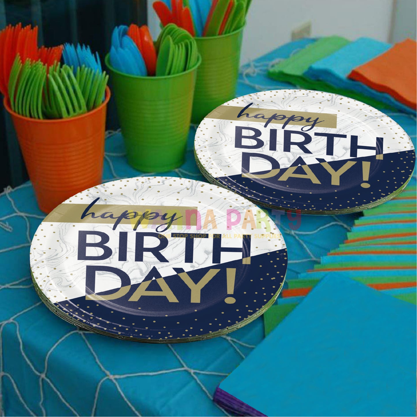 Happy Birthday Navy Blue &amp; Gold Paper Plates 9 inch - 8PC