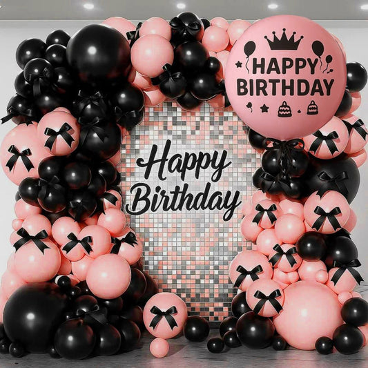 Happy Birthday Pink Balloons with Black Ribbon Combo Set - 22PC