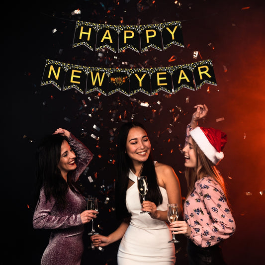 Happy New Year Black & Gold Letter Flag Banner - 1PC