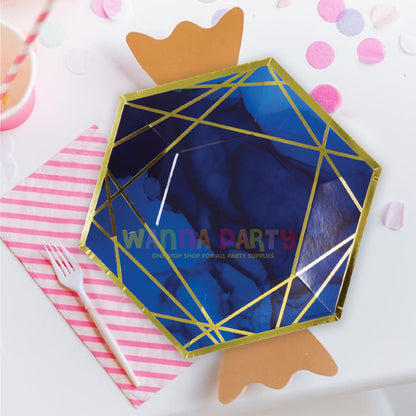 Hexagon Shape Navy Blue &amp; Gold Paper Plates 10inch - 8PC