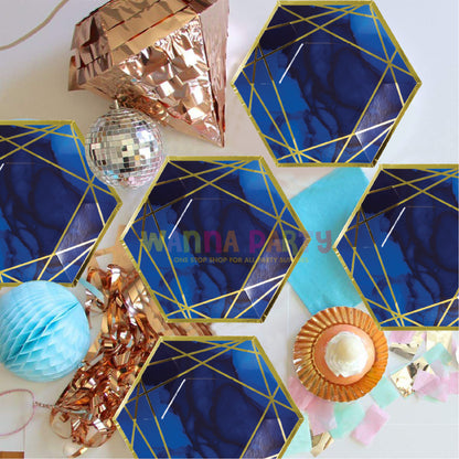 Hexagon Shape Navy Blue &amp; Gold Paper Plates 10inch - 8PC