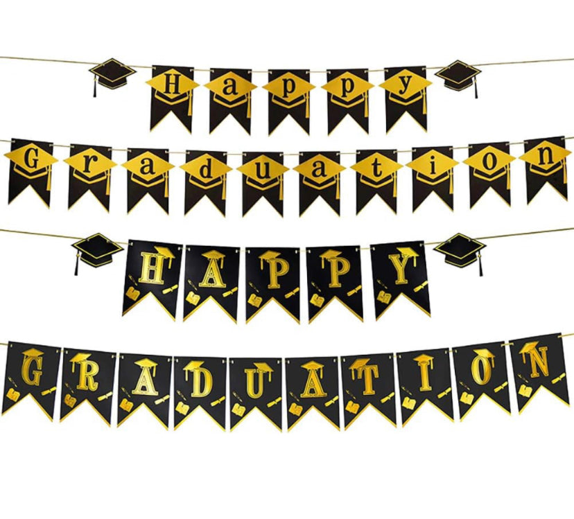 Happy Graduation Hat Banner Black & Gold