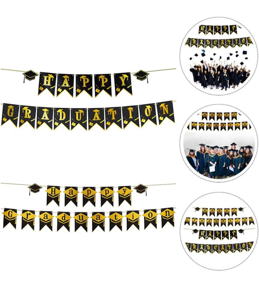 Happy Graduation Hat Banner Black & Gold