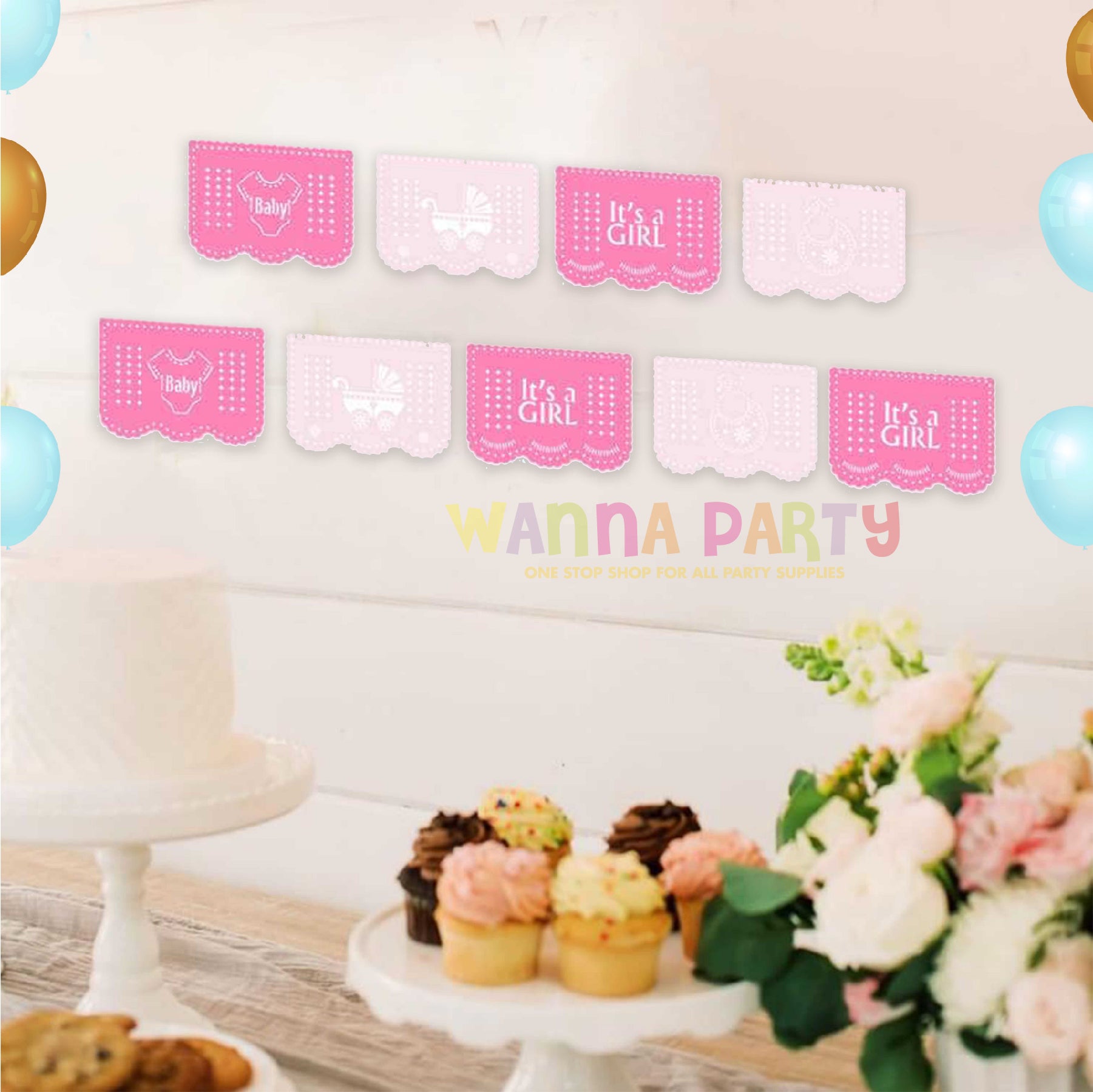 Wanna Party It's A Girl Plastic Banner - 12ft