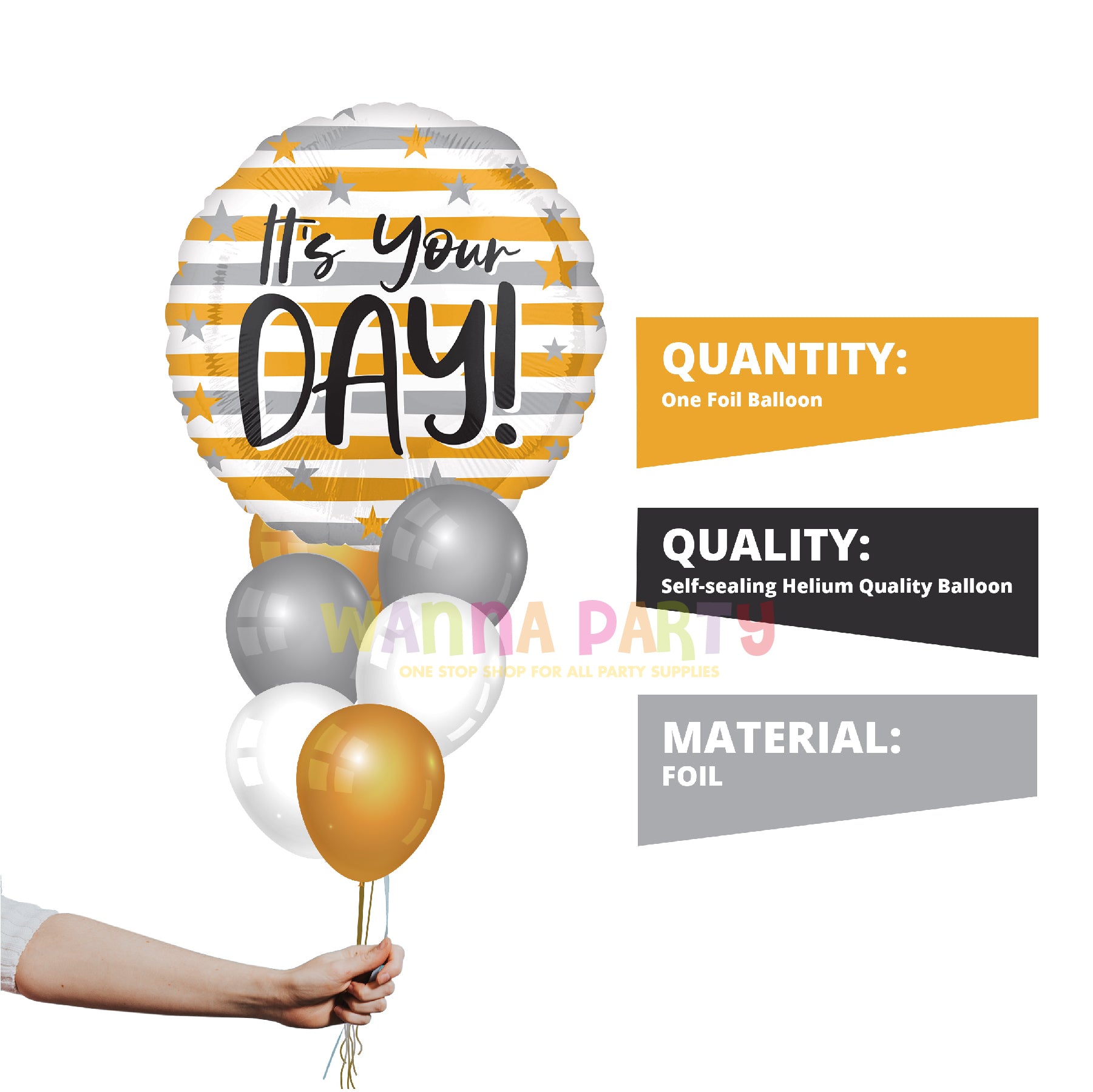 It's your Day Golden and Silver Stripes Balloon 18 Inch