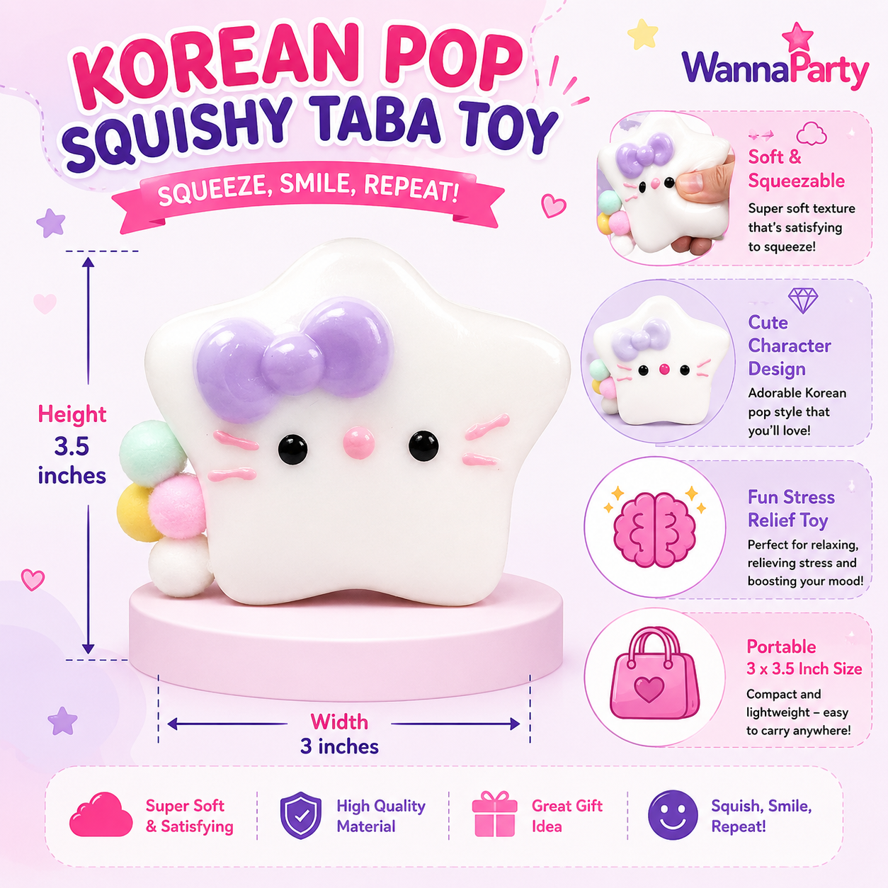 Cute Kitty White Star Squishy Taba Toys | Soft Slow Rebound Stress Relief Squeeze Toy for Kids, Party Favors, Return Gifts, Loot Bags, Pinata Fillers & Birthday Gifts - 1PC