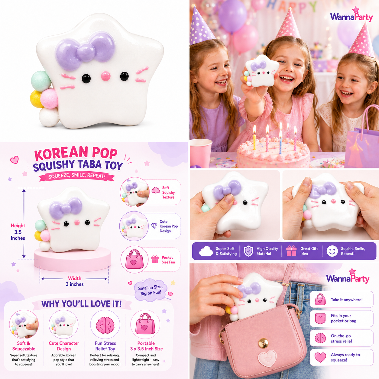 Cute Kitty White Star Squishy Taba Toys | Soft Slow Rebound Stress Relief Squeeze Toy for Kids, Party Favors, Return Gifts, Loot Bags, Pinata Fillers & Birthday Gifts - 1PC