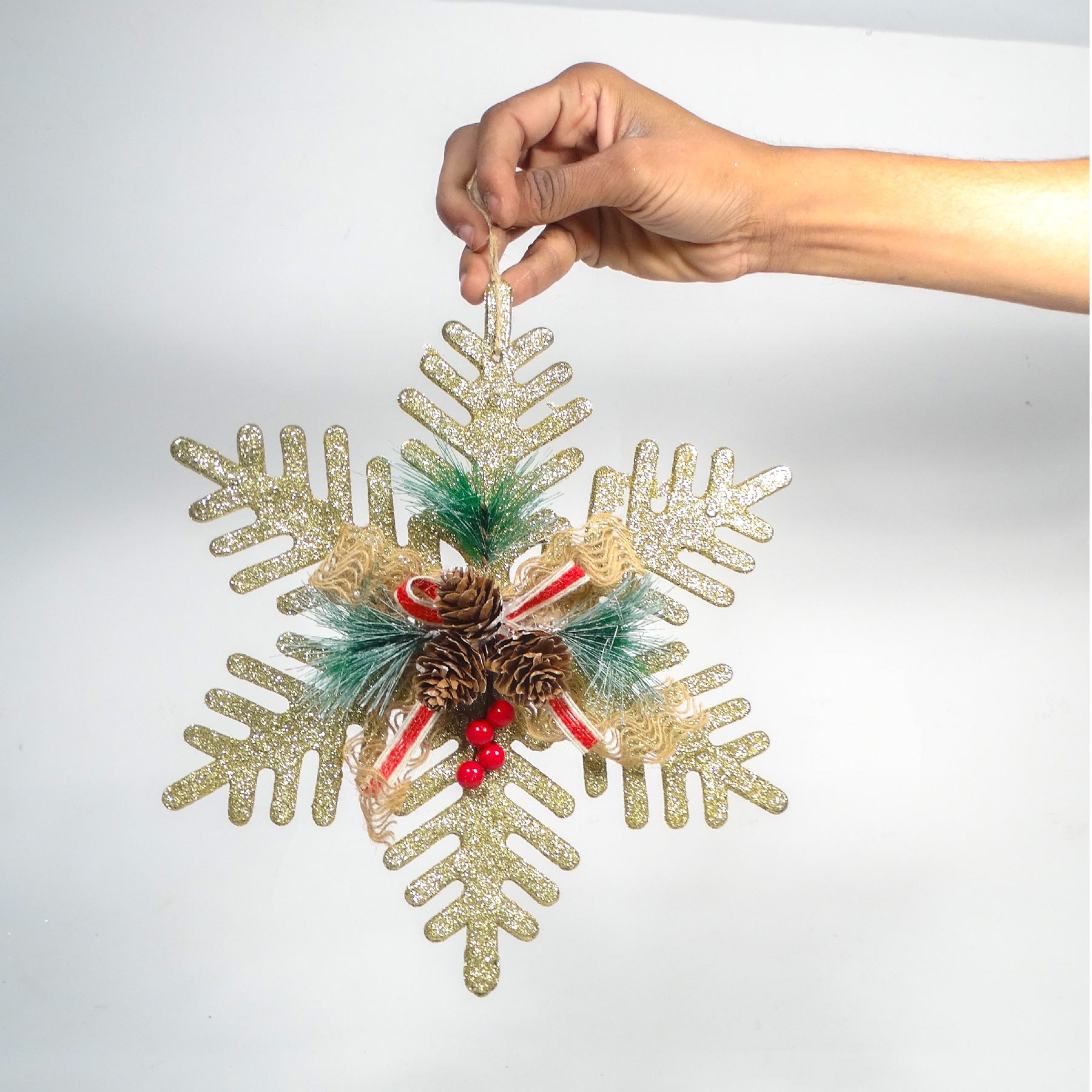 Large Golden Snowflake Decoration with Bow - 1 PC