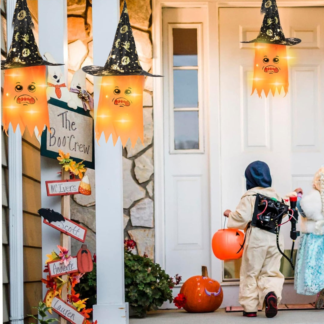 Light Up Orange Hanging Witch Hat for Halloween Decor - 1PC