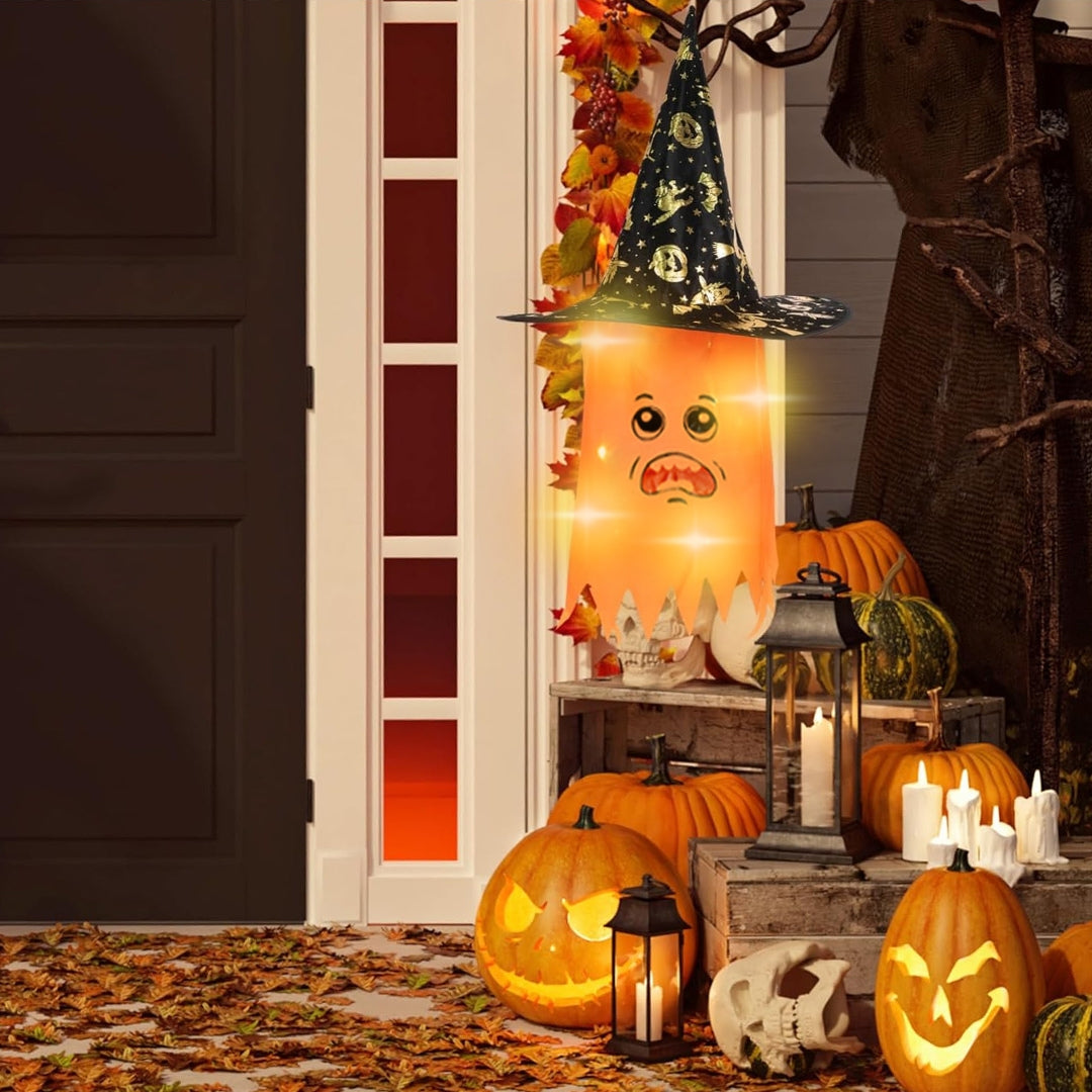 Light Up Orange Hanging Witch Hat for Halloween Decor - 1PC