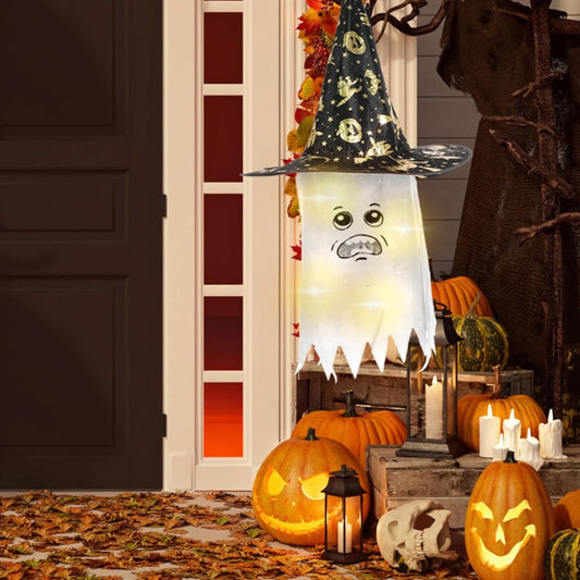 Light Up White Hanging Witch Hat for Halloween Decor- 1PC
