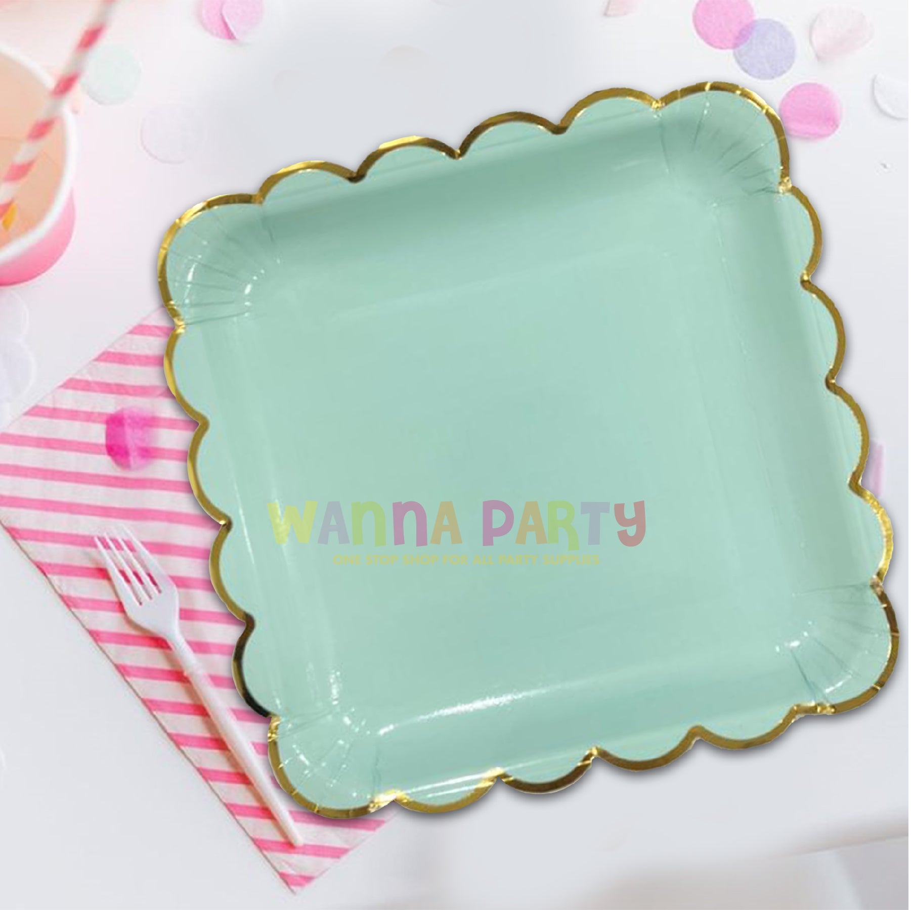 10" Lime Green Square Plates with Golden Rim - 10 PC