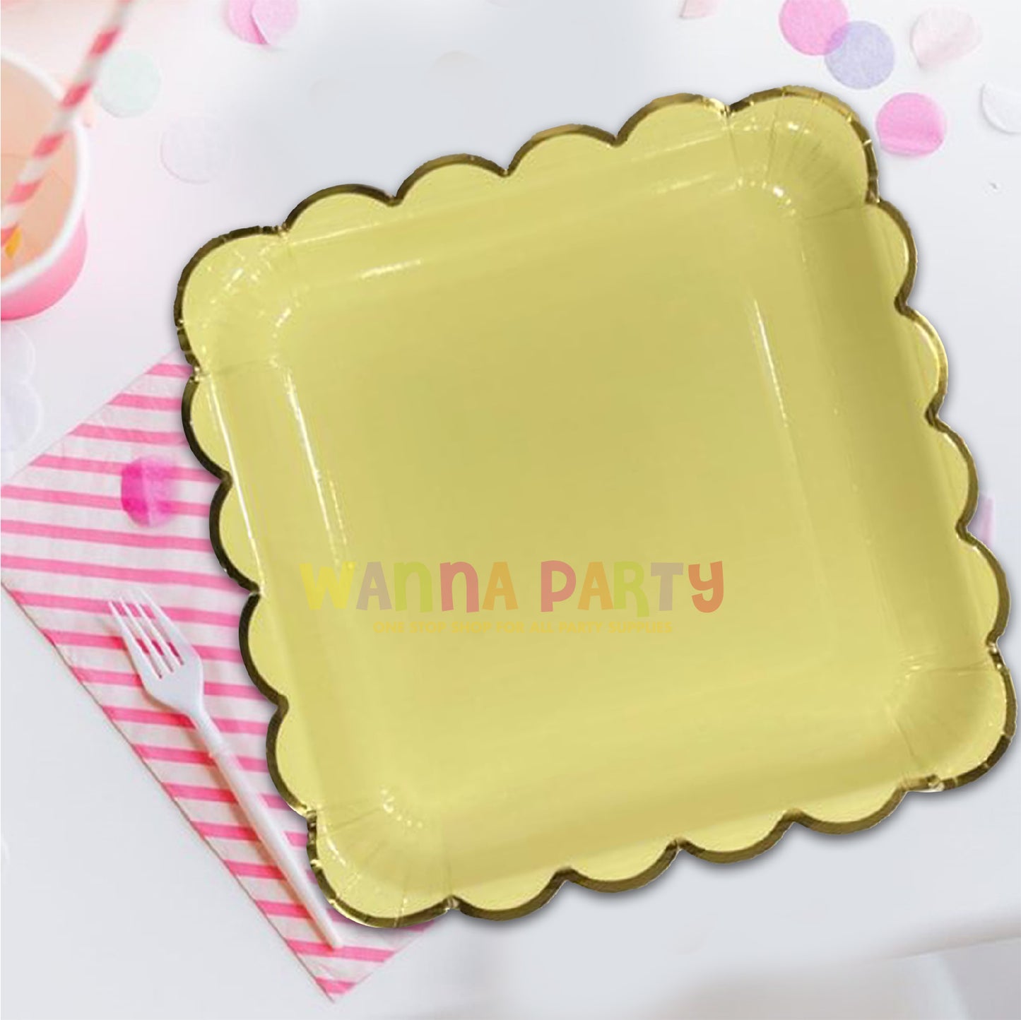 10" Lime Yellow Square Plates with Golden Rim - 10