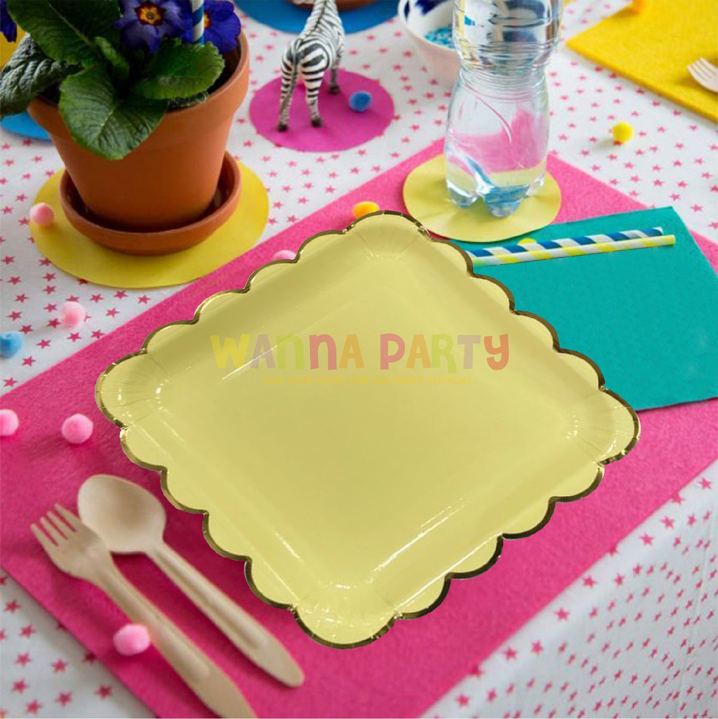 10" Lime Yellow Square Plates with Golden Rim - 10