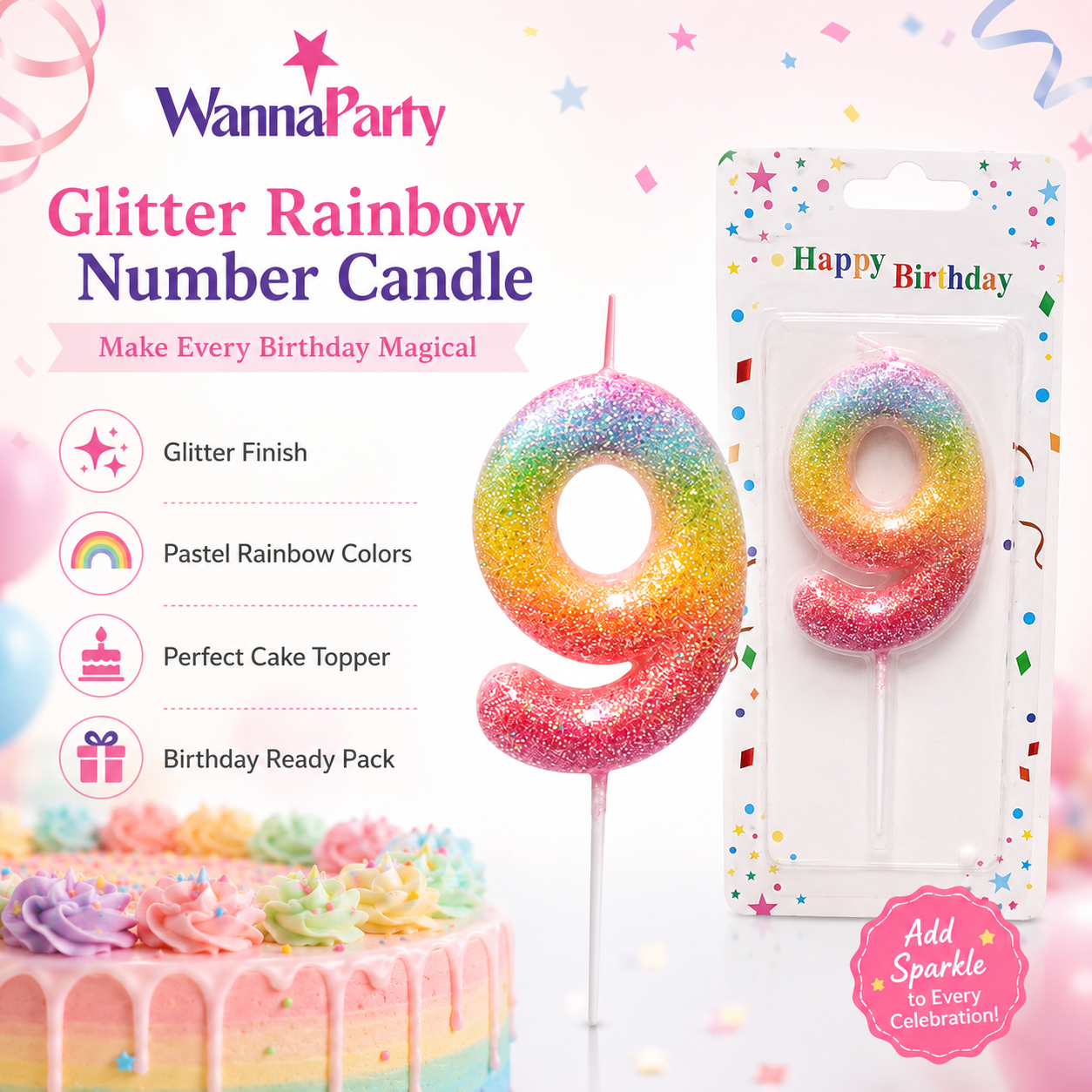 Three Color Gradient Glitter Candle Number 9