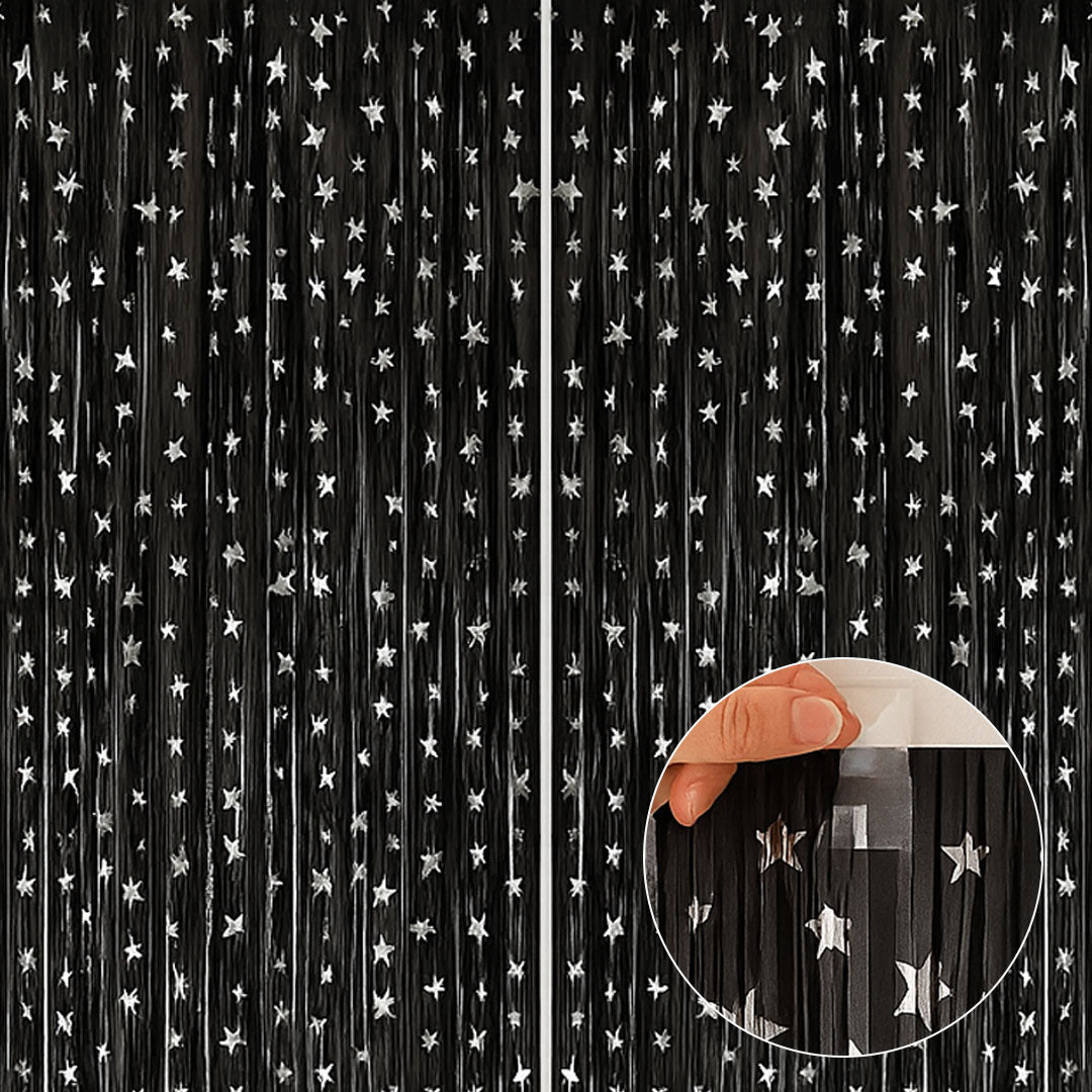 Wanna Party 2 Pack New Black Fringe Curtain Backdrop, 3 Ft x 6 Ft Shiny Silver Star Printed Metallic Tinsel Foil Fringe Streamers Background for Photo Booth Birthday Wedding Baby Shower Party Thanksgiving Christmas Decorations