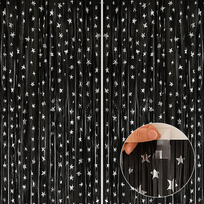 Wanna Party 2 Pack New Black Fringe Curtain Backdrop, 3 Ft x 6 Ft Shiny Silver Star Printed Metallic Tinsel Foil Fringe Streamers Background for Photo Booth Birthday Wedding Baby Shower Party Thanksgiving Christmas Decorations